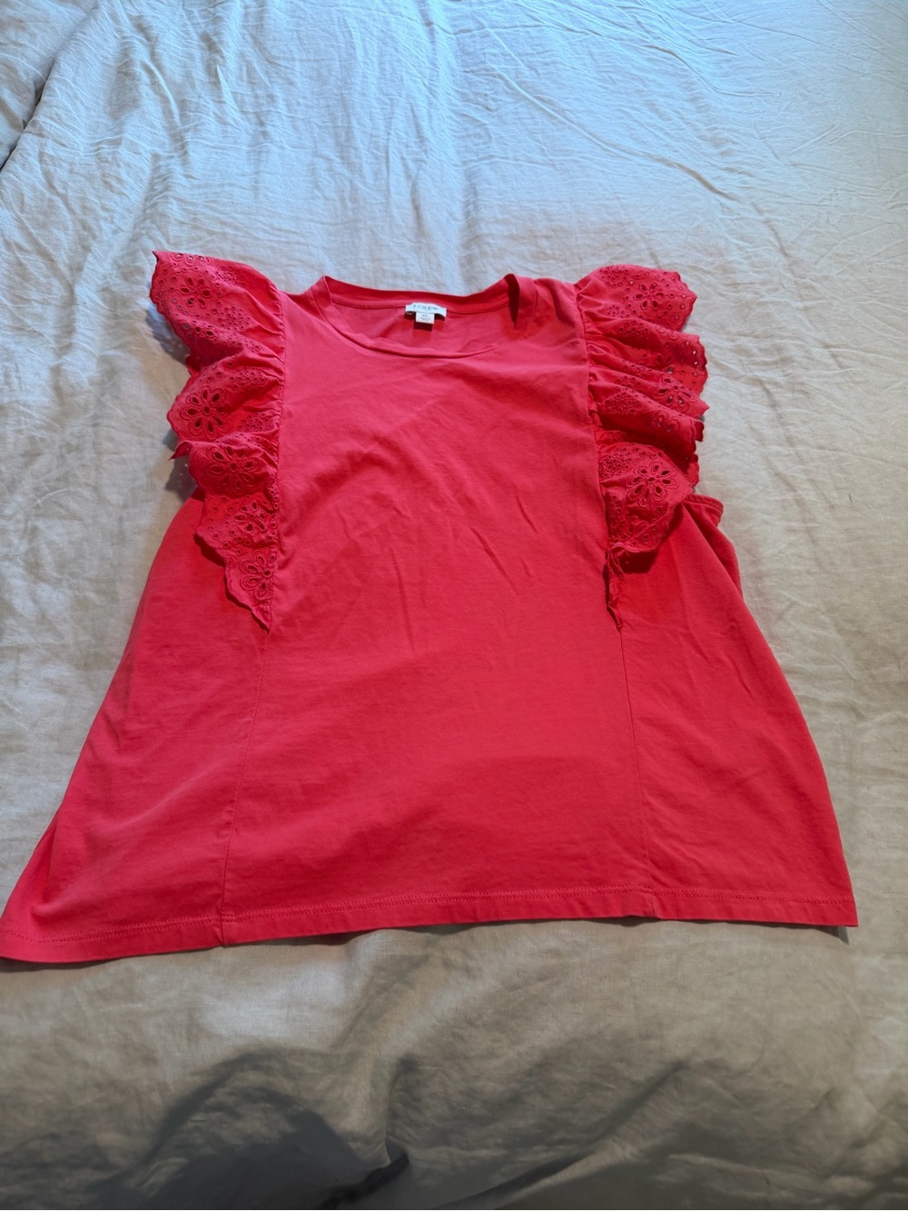 J. Crew Bright Pink Eyelet Ruffle Sleeve Tee